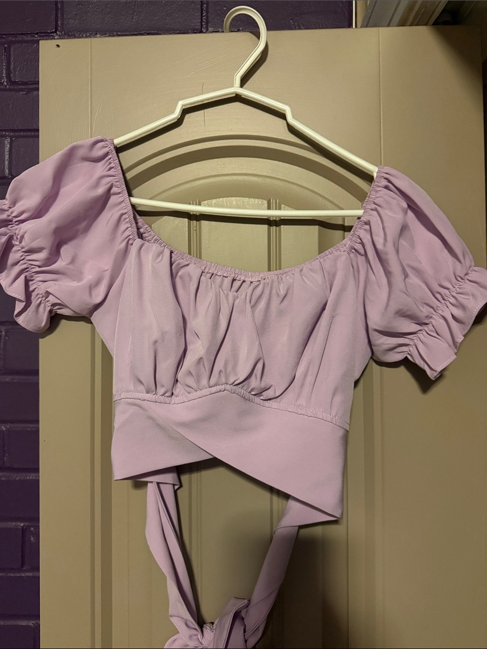 Lilac Puff-Sleeve Wrap Crop Top